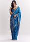 Blue Satin Ikat Printed Saree With Gota And Mirror Embroidery