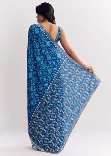 Blue Satin Ikat Printed Saree With Gota And Mirror Embroidery