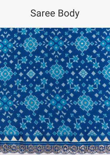 Blue Satin Ikat Printed Saree With Gota And Mirror Embroidery
