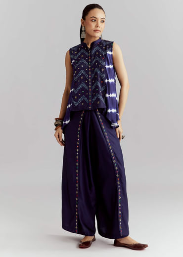 Blue Satin Indo Western Set With Bandhani And Leheriya Print