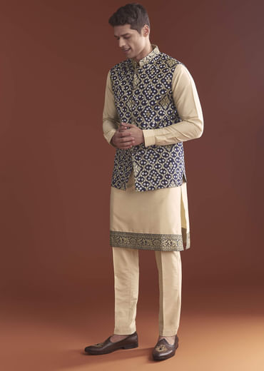 Blue Silk Bandhani Kurta Jacket Set For Men With Geometric Motifs