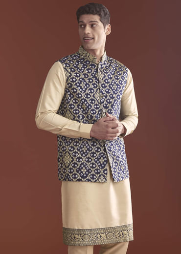 Blue Silk Bandhani Kurta Jacket Set For Men With Geometric Motifs