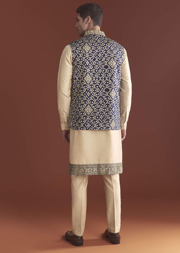 Blue Silk Bandhani Kurta Jacket Set For Men With Geometric Motifs