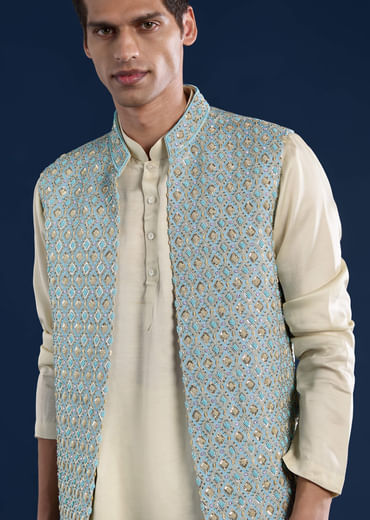 Blue Silk Cutwork Jacket Kurta Set