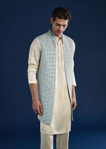 Blue Silk Cutwork Jacket Kurta Set