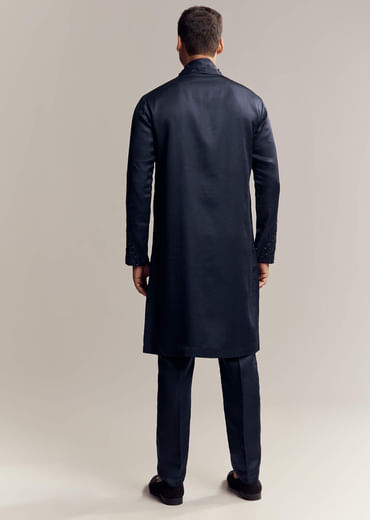 Blue Silk Hand Embroidered Kurta Set For Men