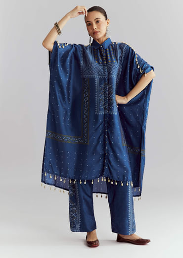 Blue Silk Kaftaan Kurta Set With Bandhani Print Blue Silk Kaftaan Kurta Set With Bandhani Print