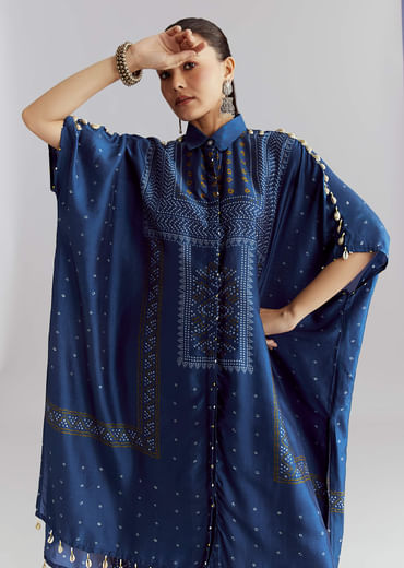 Blue Silk Kaftaan Kurta Set With Bandhani Print Blue Silk Kaftaan Kurta Set With Bandhani Print