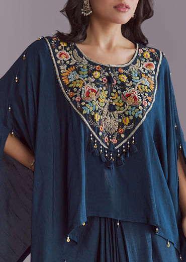 Blue Silk Kaftan Top And Drape Skirt Set With Embroidery