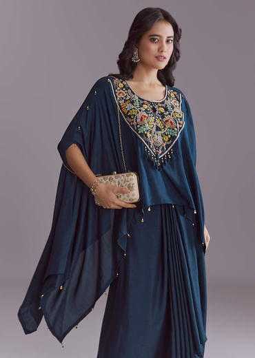 Blue Silk Kaftan Top And Drape Skirt Set With Embroidery