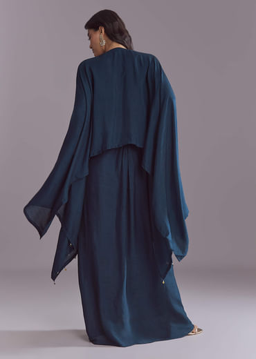 Blue Silk Kaftan Top And Drape Skirt Set With Embroidery