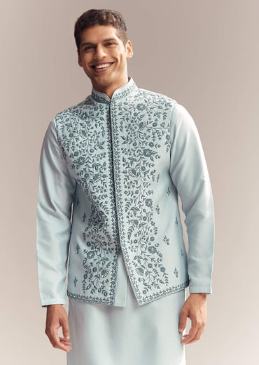 Blue Silk Kurta Jacket Set For Men With Moti Embroidery