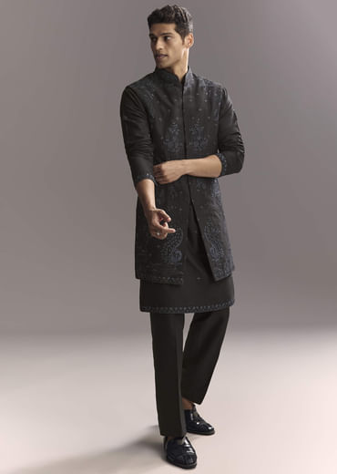 Blue Silk Kurta Jacket Set For Men With Resham Work