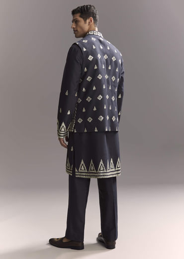 Blue Silk Kurta Jacket Set For Men With Sequins And Zari Embroidery