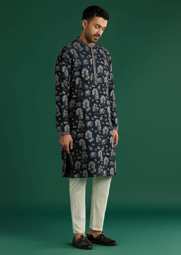 Blue Silk Kurta Set For Men With Animal Motif Thread Work