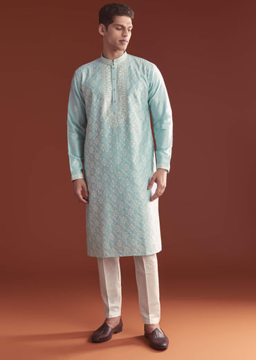 Blue Silk Kurta Set For Men With Fine Resham Embroidery
