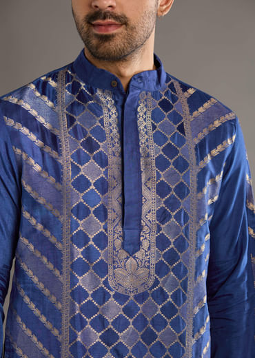 Blue Silk Kurta Set For Men With Handwoven Jacquard Work