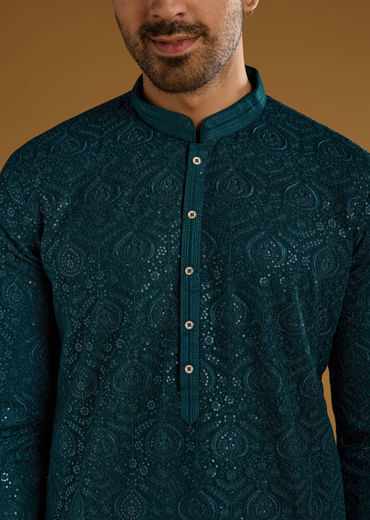 Blue Silk Kurta Set For Men With Heavy Hand Embroidery