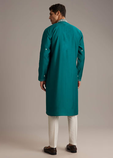 Blue Silk Kurta Set For Men With Mirror And Thread Work