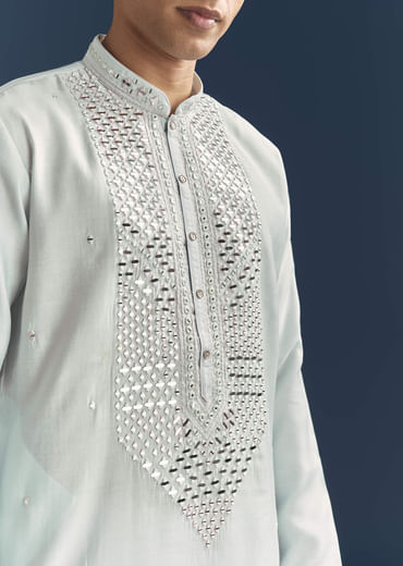 Blue Silk Kurta Set For Men With Mirror Embroidery