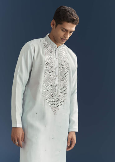 Blue Silk Kurta Set For Men With Mirror Embroidery
