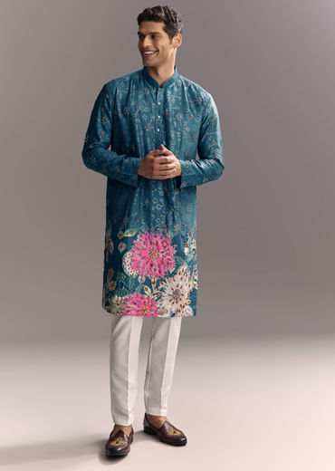 Blue Silk Kurta Set For Men With Resham Embroidery