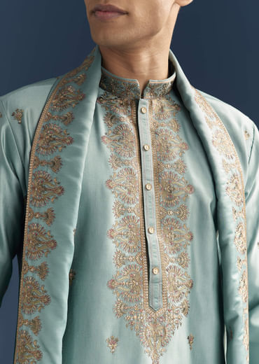 Blue Silk Kurta Set For Men With Thread Embroidery