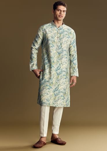 Blue Silk Kurta Set With Floral And Foil Print
