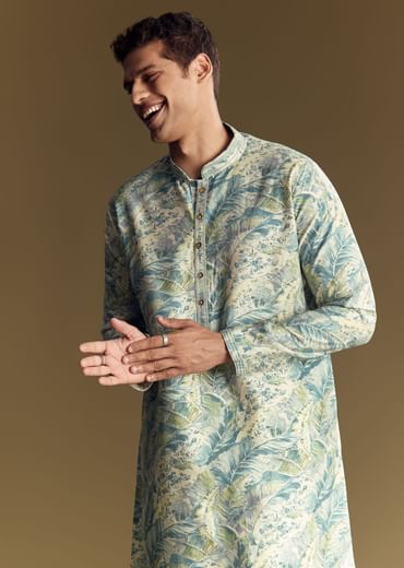 Blue Silk Kurta Set With Floral And Foil Print