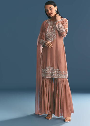 Peach Silk Kurta Sharara Suit With Cutdana Sequins Work
