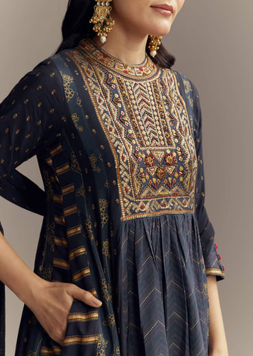 Blue Silk Printed Anarkali Suit With Sequins Work