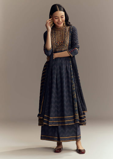 Blue Silk Printed Anarkali Suit With Sequins Work
