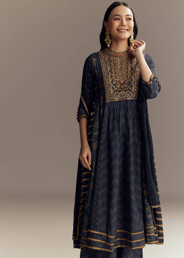 Blue Silk Printed Anarkali Suit With Sequins Work