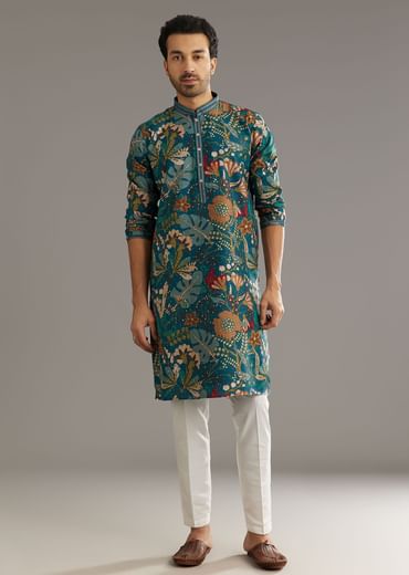 Blue Silk Printed Kurta Set With Stone Embellishment