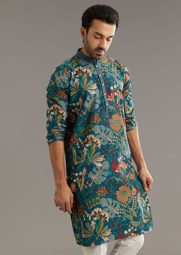 Blue Silk Printed Kurta Set With Stone Embellishment