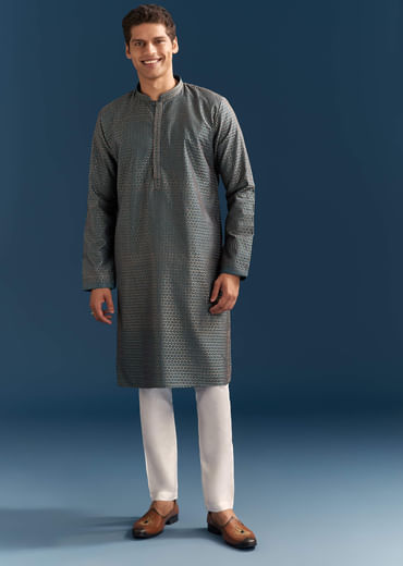Blue Silk Textured Kurta Set For Men With Embroidery