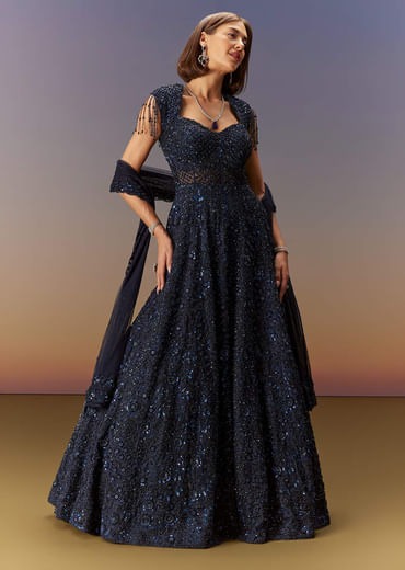 Blue Sleeveless Gown With Dupatta