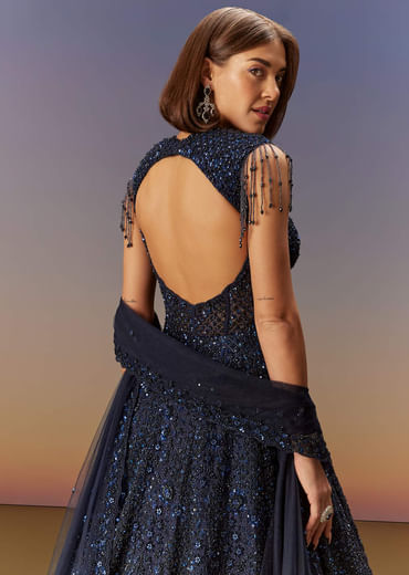 Blue Sleeveless Gown With Dupatta