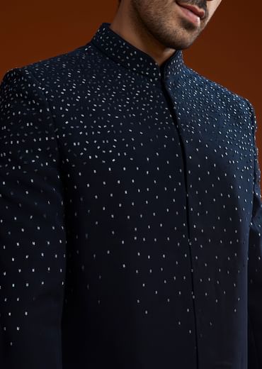 Blue Suiting Indo Jacket Set With Shimmering Embellishments