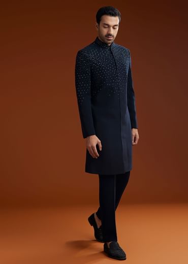 Blue Suiting Indo Jacket Set With Shimmering Embellishments