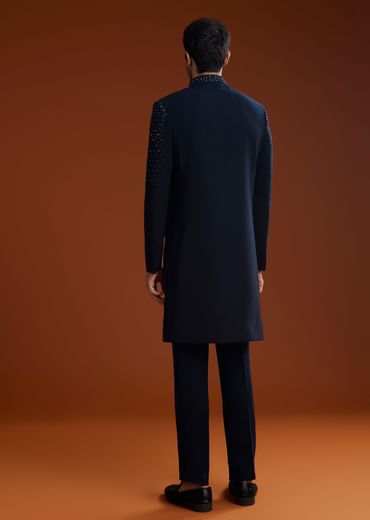 Blue Suiting Indo Jacket Set With Shimmering Embellishments