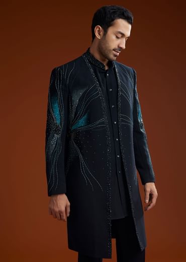 Blue Suiting Indo Jacket Set With Starlit Cutdana Work