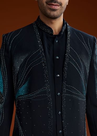 Blue Suiting Indo Jacket Set With Starlit Cutdana Work