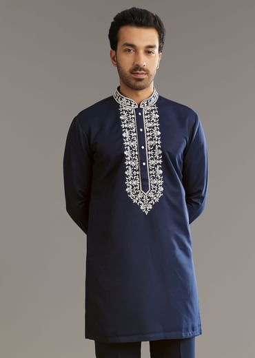 Blue Suiting Indo Western Set With Floral Embroidery