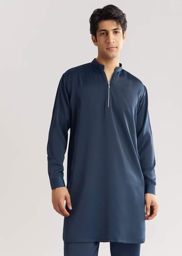 Blue Suiting Jacket Kurta Set With Metal Work
