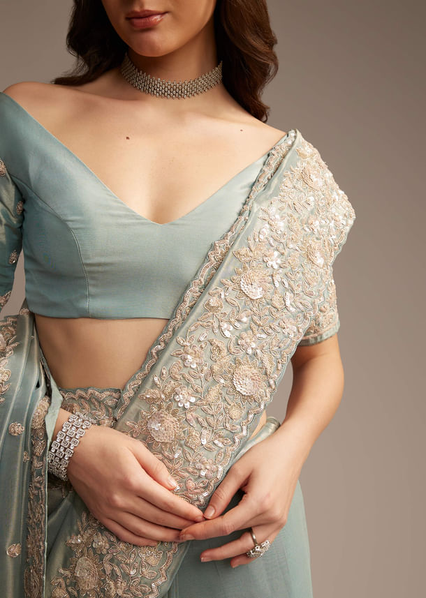 Blue Tissue Saree with Cutwork and Heavy Embroidery