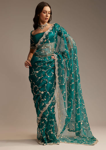Blue Tissue Saree with Heavy Floral Jaal Embroidery