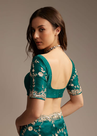 Blue Tissue Saree with Heavy Floral Jaal Embroidery