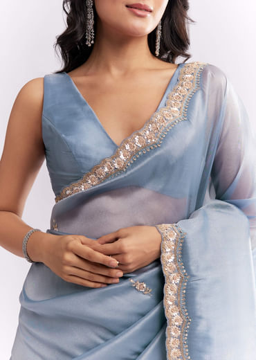 Blue Tissue Silk Saree With Heavy Hand Embroidery