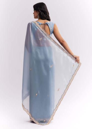 Blue Tissue Silk Saree With Heavy Hand Embroidery